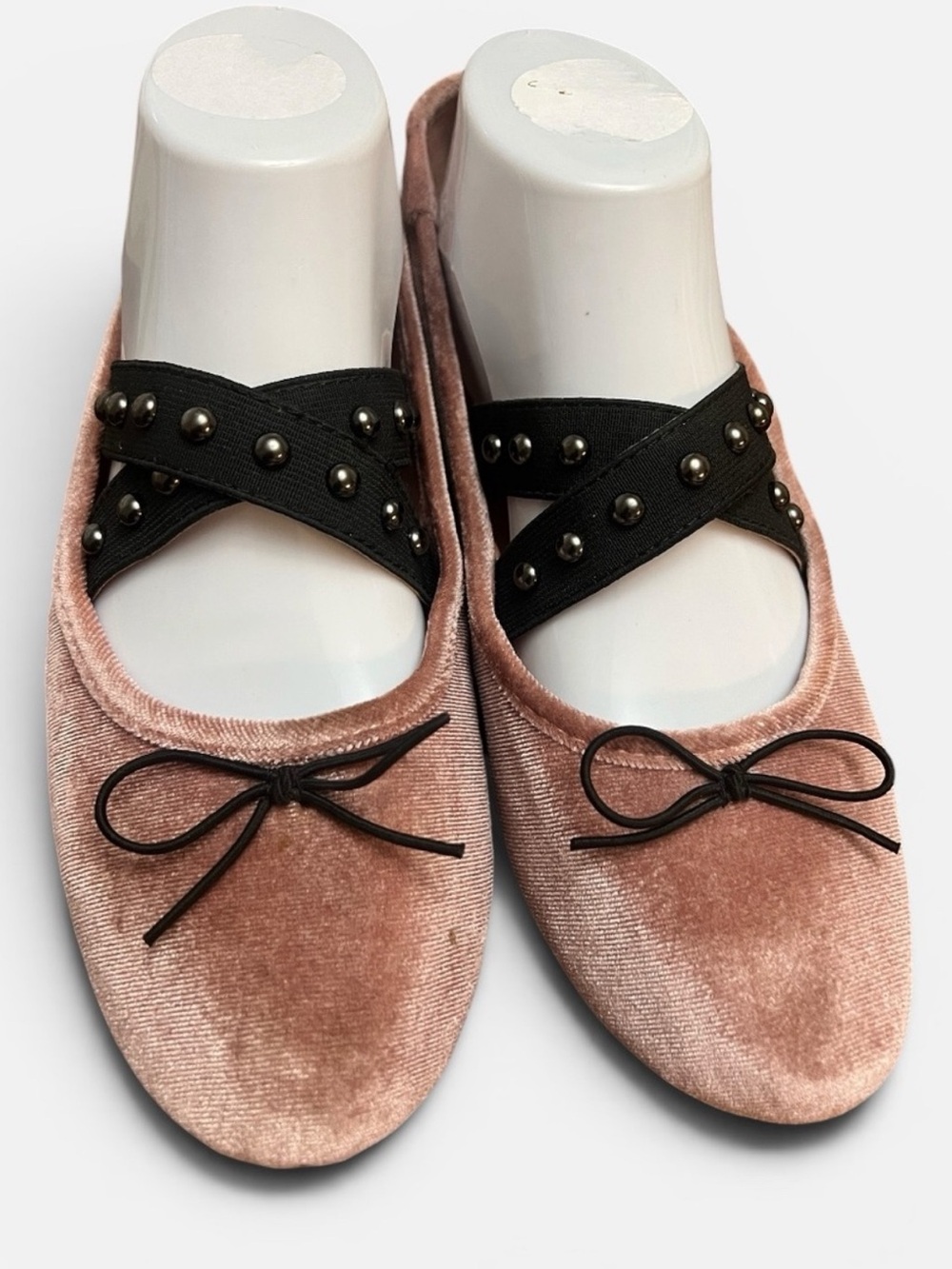 NWOT Blush Pink Velvet Ballet Flats with Black Studded Strap